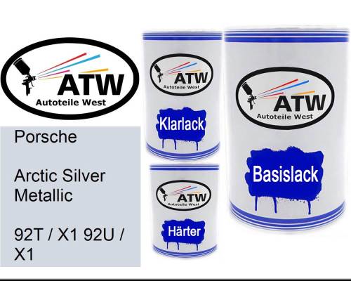 Porsche, Arctic Silver Metallic, 92T / X1 92U / X1: 500ml Lackdose + 500ml Klarlack + 250ml Härter - Set, von ATW Autoteile West.